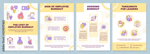 Employee burnout impact yellow brochure template. HR care. Leaflet design with linear icons. Editable 4 vector layouts for presentation, annual reports. Arial-Black, Myriad Pro-Regular fonts used