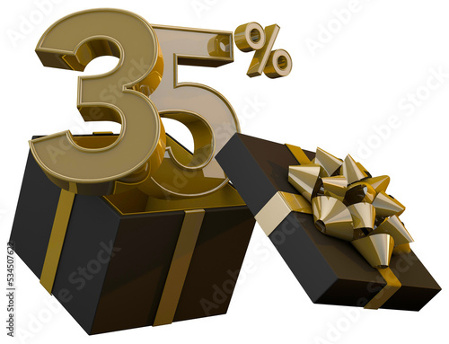 Black friday super sale with 35 percent gold number and black gift box and gold ribbon 3d render