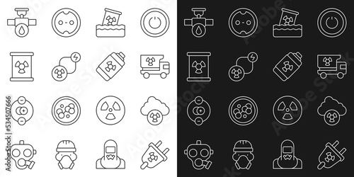 Set line Radiation electrical plug, Acid rain and radioactive cloud, Truck with radiation materials, Radioactive waste barrel, exchange energy, Industry pipe valve and Nuclear battery icon. Vector