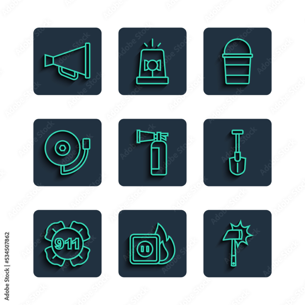 Set line Emergency call 911, Electric wiring of socket in fire, Firefighter axe, bucket, extinguisher, Ringing alarm bell, Megaphone and shovel icon. Vector Set line Emergency call 911, Electric wiring of socket in fire, Firefighter axe, bucket, extinguisher, Ringing alarm bell, Megaphone and shovel icon. Vector