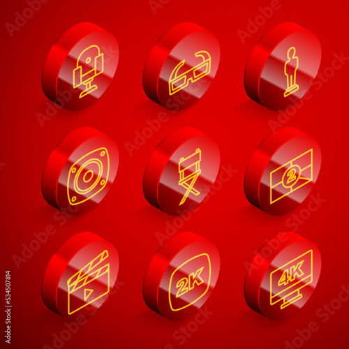 Set line Director movie chair, 3D cinema glasses, Movie trophy, Stereo speaker, Old film countdown frame, clapper and 2k Ultra HD icon. Vector