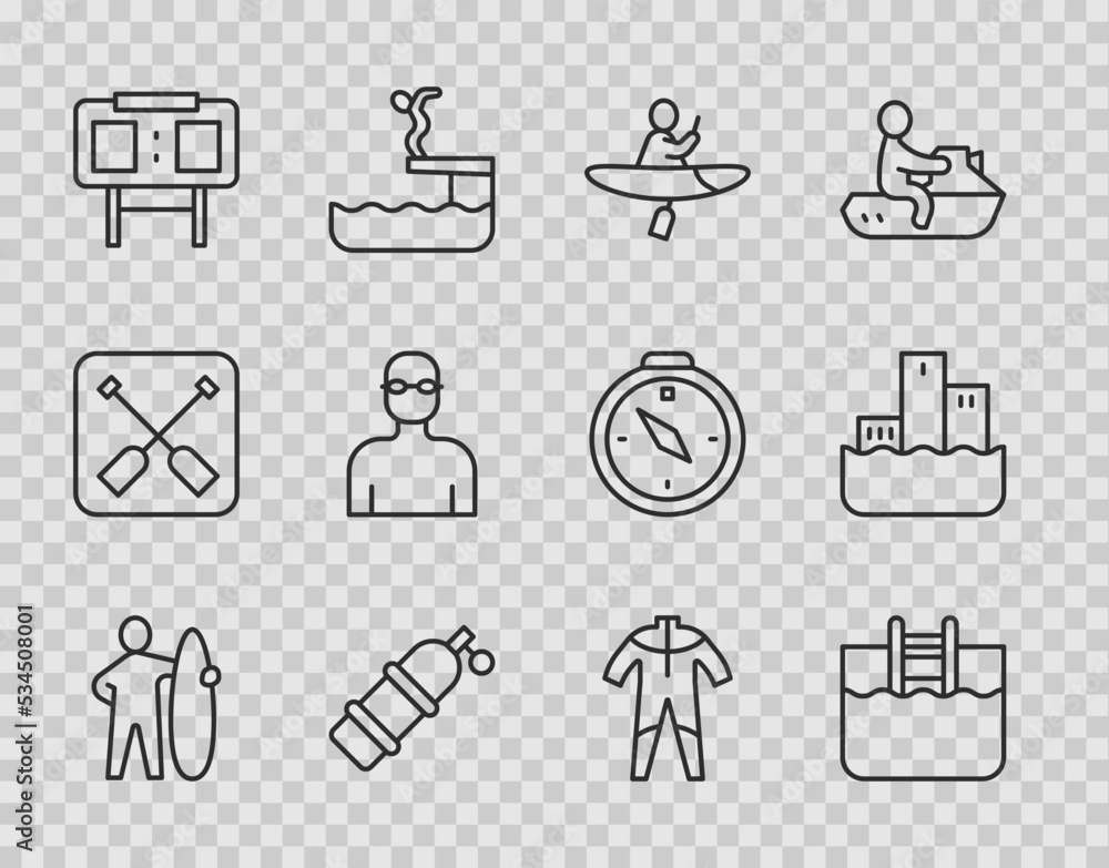 Set line Surfboard, Swimming pool with ladder, Kayak and paddle, Aqualung, Sport mechanical scoreboard, Swimmer, Wetsuit for scuba diving and Winner podium icon. Vector Set line Surfboard, Swimming pool with ladder, Kayak and paddle, Aqualung, Sport mechanical scoreboard, Swimmer, Wetsuit for scuba diving and Winner podium icon. Vector