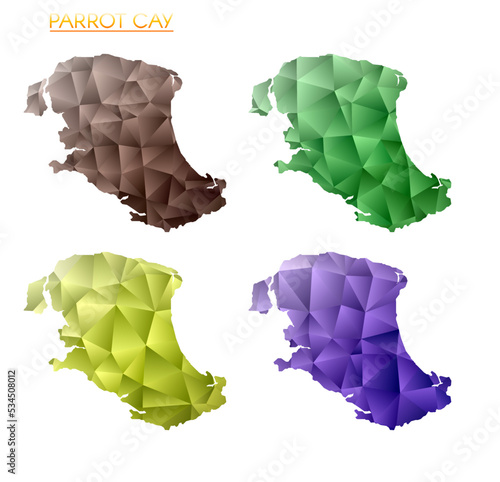 Set of vector polygonal maps of Parrot Cay. Bright gradient map of island in low poly style. Multicolored Parrot Cay map in geometric style for your infographics. Modern vector illustration. photo