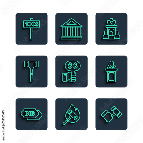 Set line Bid, Auction hammer, jewelry sale, Hand holding auction paddle, and auctioneer sells icon. Vector
