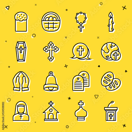 Set line Church sermon tribune, Christian bread, cross with globe, Rosary beads religion, Coffin, Easter cake and icon. Vector