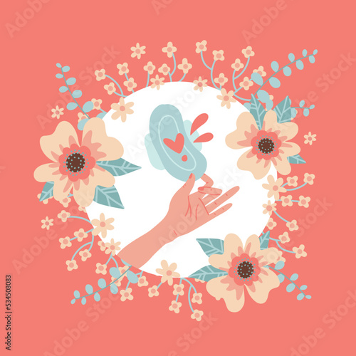 Female hand holding bloody pad with flowers on the background. Female regular menstrual cycle. Menstrual period, menstruation, premenstrual syndrome, ovaries. Flat hand drawn vector illustrations.