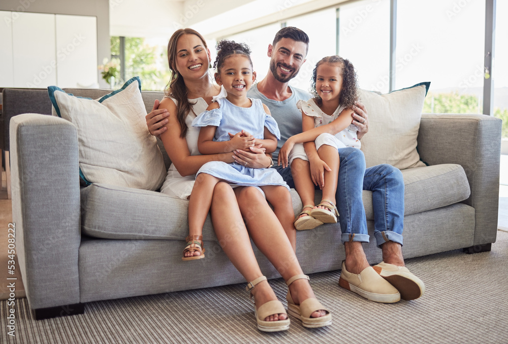 Parents, kids and happy family home portrait on living room sofa, couch and lounge to relax, quality time and fun together in Spain. Smile mom, dad and young girl children with love, support and care Parents, kids and happy family home portrait on living room sofa, couch and lounge to relax, quality time and fun together in Spain. Smile mom, dad and young girl children with love, support and care