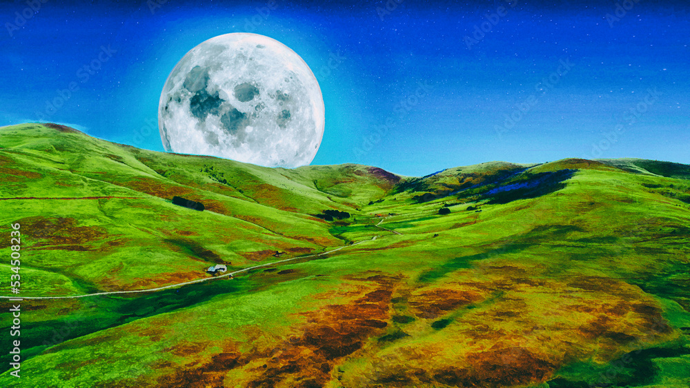Full moon astronomy blue sky background green hills