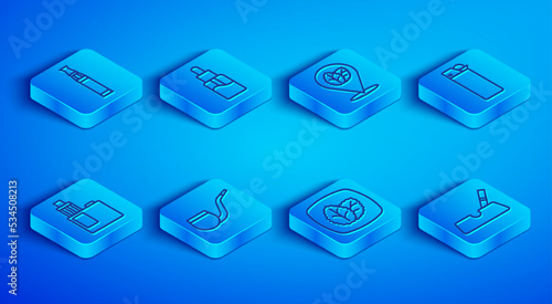 Set line Electronic cigarette, Vape liquid bottle, Tobacco leaf, No pipe smoking, Lighter, mod device and Ashtray with icon. Vector