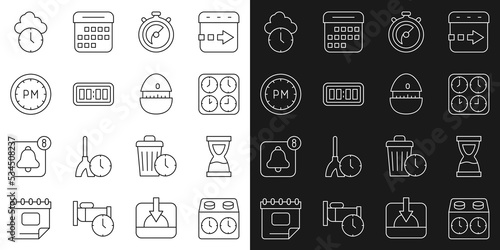 Set line Time chess clock, Old hourglass, zone clocks, Stopwatch, Digital alarm, Day time, Clock and Kitchen timer icon. Vector