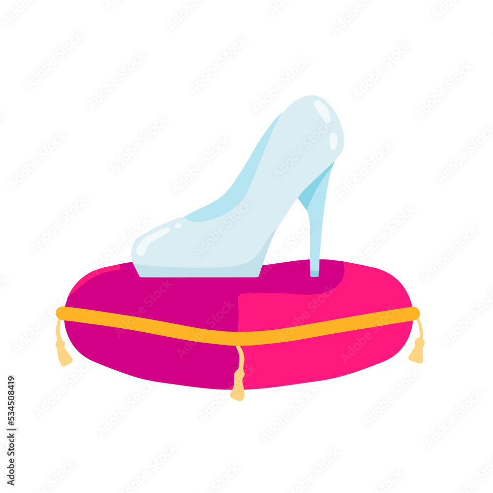 Crystal slipper on red pillow. Luxurious cushion, fabulous coronation Crystal slipper on red pillow. Luxurious cushion, fabulous coronation
