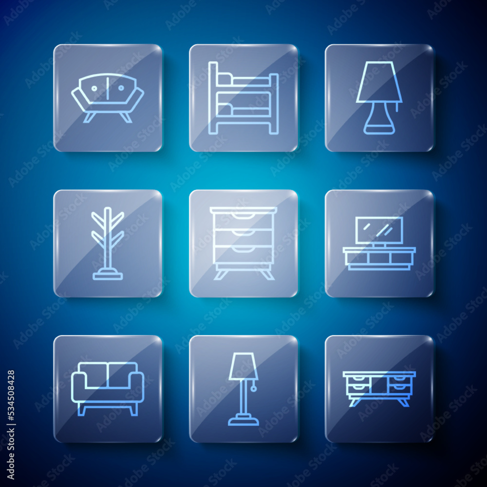 Set line Sofa, Floor lamp, TV table stand, Table, Furniture nightstand, Coat, and icon. Vector Set line Sofa, Floor lamp, TV table stand, Table, Furniture nightstand, Coat, and icon. Vector