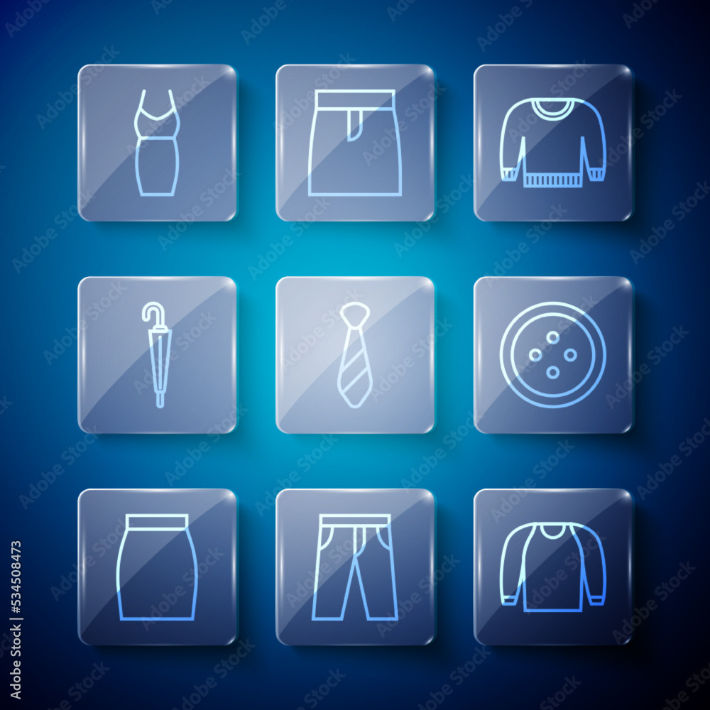 Set line Skirt, Pants, Sweater, Tie, Umbrella, Woman dress and Sewing button for clothes icon. Vector Set line Skirt, Pants, Sweater, Tie, Umbrella, Woman dress and Sewing button for clothes icon. Vector