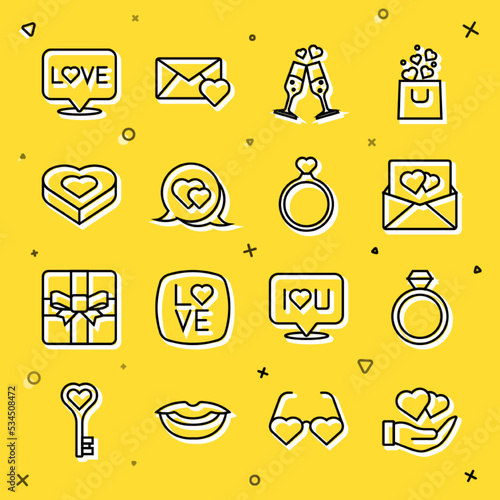 Set line Heart in hand, Wedding rings, Envelope with Valentine heart, Glass of champagne, speech bubble, Candy shaped box, Love text and icon. Vector