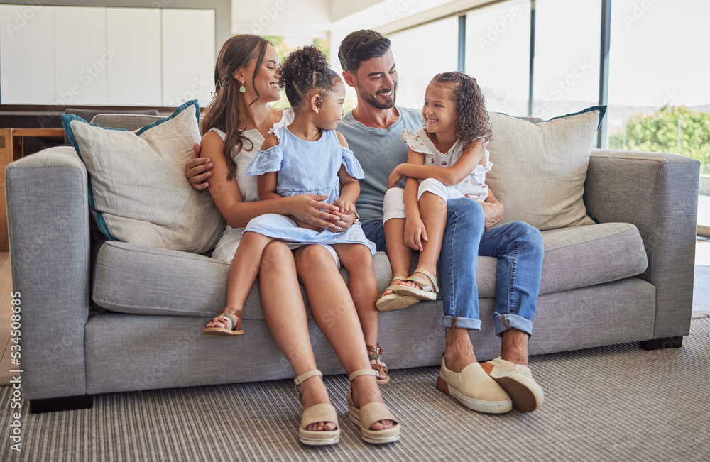 Smile, love and happy family love to relax together in a positive home on a fun weekend for bonding. Happiness, mother and father smiling with young Latino kids or children enjoying quality time Smile, love and happy family love to relax together in a positive home on a fun weekend for bonding. Happiness, mother and father smiling with young Latino kids or children enjoying quality time
