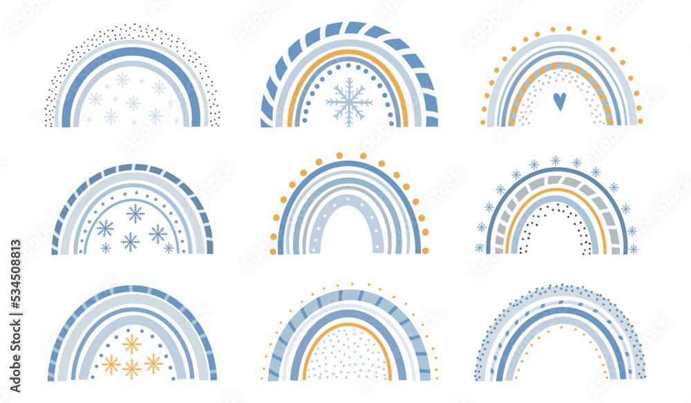 Cute winter magic rainbows with snowflakes on a white background. Sweet childlike drawing of an abstract Scandinavian colorful arch. Childrens flat vector illustration in doodle style. Cute winter magic rainbows with snowflakes on a white background. Sweet childlike drawing of an abstract Scandinavian colorful arch. Childrens flat vector illustration in doodle style.