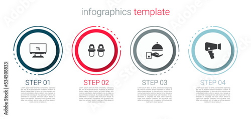 Set Smart Tv, Hotel slippers, Covered with tray and Hair dryer. Business infographic template. Vector