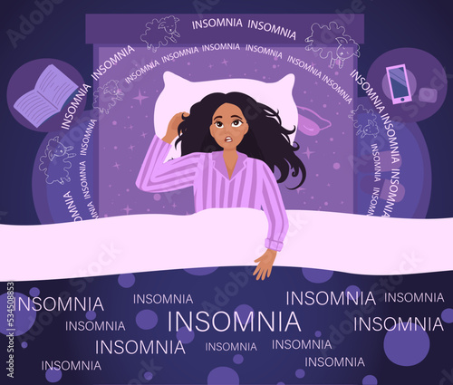 Woman suffers from insomnia and had difficulty falling asleep. Woman has sleeping problems. Insomnia and sleep disorder. Cartoon Flat Vector illustration