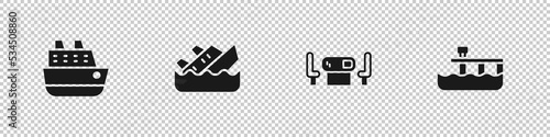 Set Cruise ship, Sinking cruise, Poker table and Beach pier dock icon. Vector