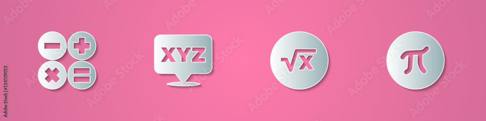 Set paper cut Calculator, XYZ Coordinate system, Square root of x glyph and Pi symbol icon. Paper art style. Vector Set paper cut Calculator, XYZ Coordinate system, Square root of x glyph and Pi symbol icon. Paper art style. Vector