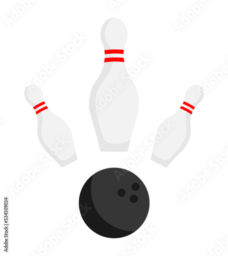 Sport bowling ball and bowling pins isolated on white background vector icon set. Cartoon doodle fun play game equipment.
