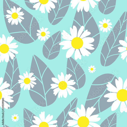 Floral seamless pattern. Botanical fabric print template. Vector illustration with cute camomile flowers.