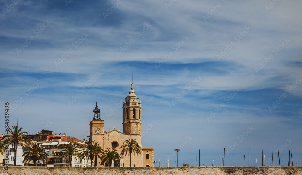 Views of Church of St. Bartholomew and Santa Tecla Sitges. Copy space, banner