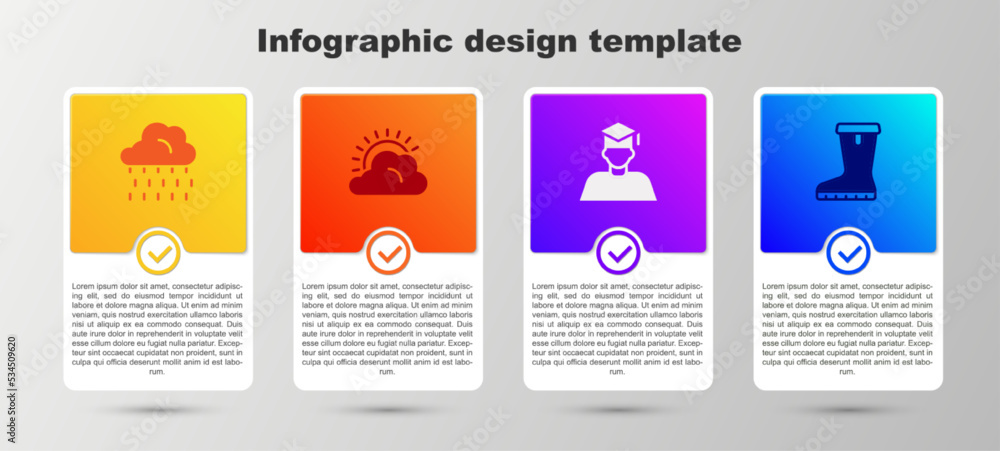 Set Cloud with rain, Sun and cloud weather, Graduate graduation cap and Waterproof rubber boot. Business infographic template. Vector Set Cloud with rain, Sun and cloud weather, Graduate graduation cap and Waterproof rubber boot. Business infographic template. Vector