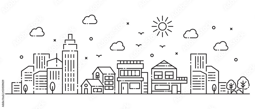 Illustration of houses and buildings in thin line style