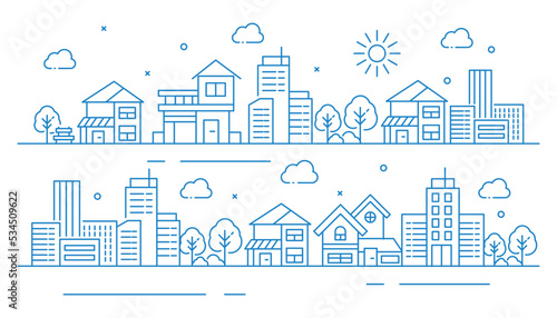 Illustration of houses and buildings in thin line style 