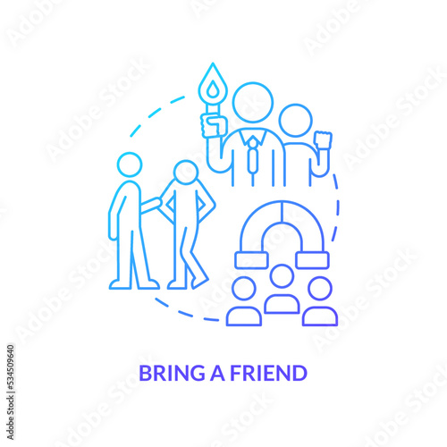 Bring a friend blue gradient concept icon. Mentorship. Expand relations. Challenge shyness abstract idea thin line illustration. Isolated outline drawing. Myriad Pro-Bold font used