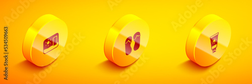 Set Isometric Travel postcard, Flip flops and Sunscreen cream in tube icon. Vector