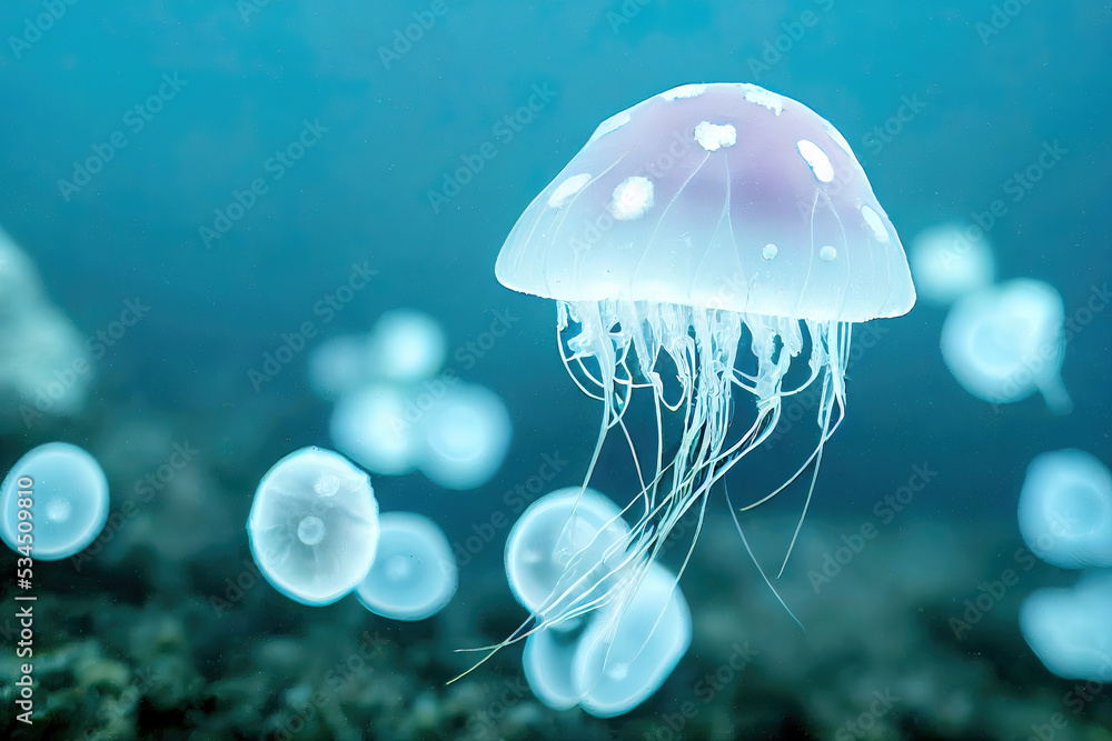 Blue jellyfish swimming and floating in ocean sea water Blue jellyfish swimming and floating in ocean sea water