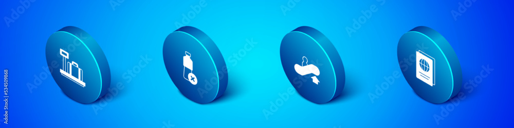 Set Isometric Scale with suitcase, Escalator up, Passport and No water bottle icon. Vector Set Isometric Scale with suitcase, Escalator up, Passport and No water bottle icon. Vector