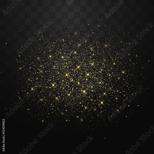 Glitter gold particles shine effect on png background. Vector gold glitter particles effect and texture. Stardust amber particles color on transparent background. Golden explosion of confetti.