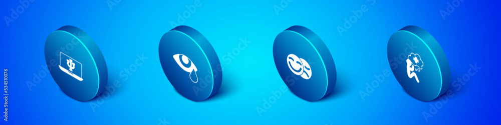 Set Isometric Psychologist online, Comedy and tragedy masks, Helping hand and Tear cry eye icon. Vector Set Isometric Psychologist online, Comedy and tragedy masks, Helping hand and Tear cry eye icon. Vector