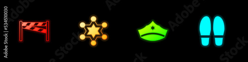 Set Crime scene, Hexagram sheriff, Police cap with cockade and Footsteps icon. Vector