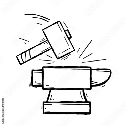 Blacksmith anvil and hammer. Symbol of work in forge. Forging and manufacturing of steel. Outline icon illustration