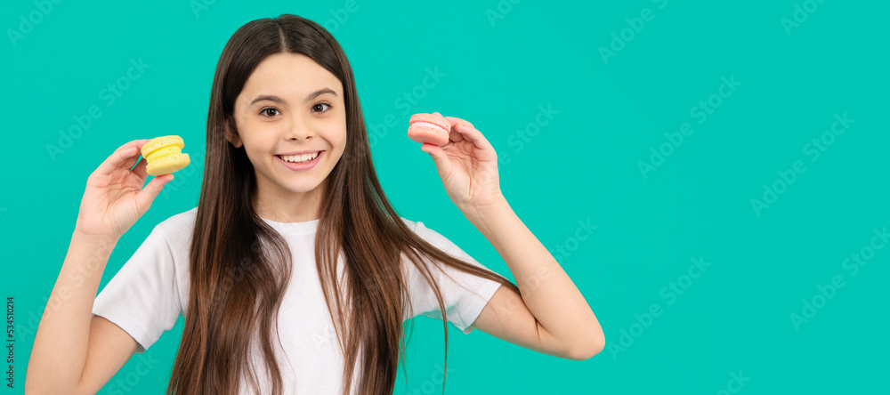 child with dessert bakery. happy kid hold french macaron. macaroon cookie. confectionery. Teenager child with sweets, poster banner header, copy space. child with dessert bakery. happy kid hold french macaron. macaroon cookie. confectionery. Teenager child with sweets, poster banner header, copy space.