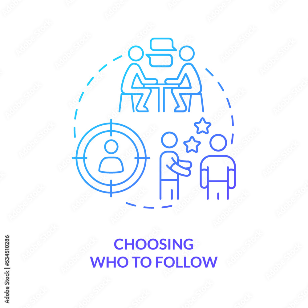 Focus on who to follow blue gradient concept icon. Building relationship. Choosing partner. Networking abstract idea thin line illustration. Isolated outline drawing. Myriad Pro-Bold font used Focus on who to follow blue gradient concept icon. Building relationship. Choosing partner. Networking abstract idea thin line illustration. Isolated outline drawing. Myriad Pro-Bold font used