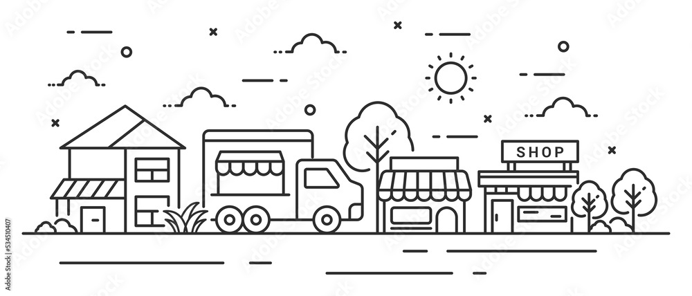 Illustration tree in line style with car shop