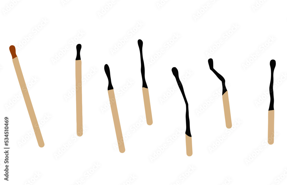 Burnt match. Set for lighting fire. New and charred wooden stick. Burnt match. Set for lighting fire. New and charred wooden stick.