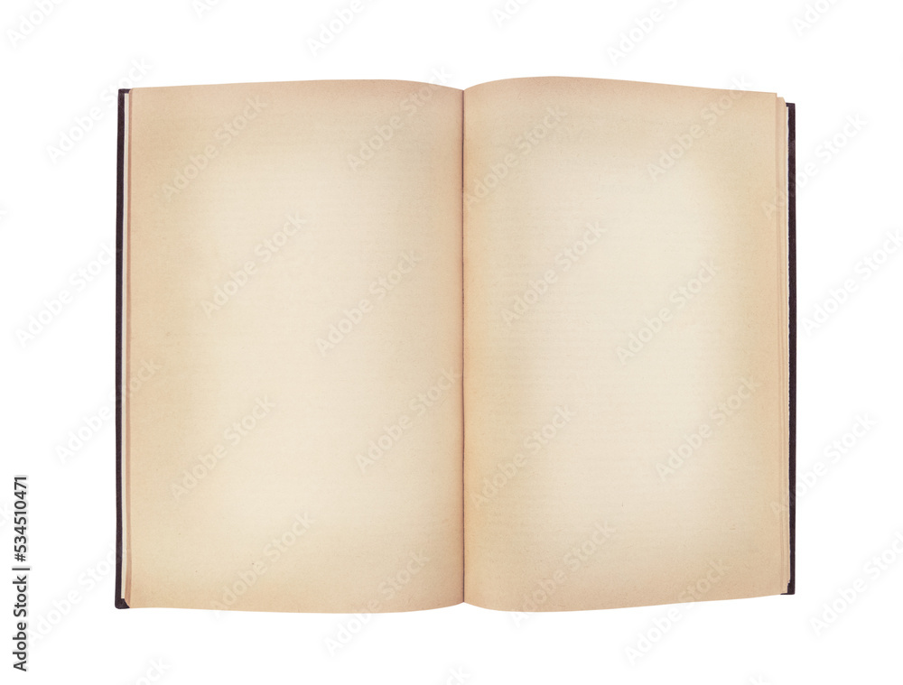 Old open book with empty pages isolated on transparent background.