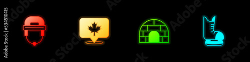Set Hockey helmet, Canadian maple leaf, Igloo ice house and Skates icon. Vector