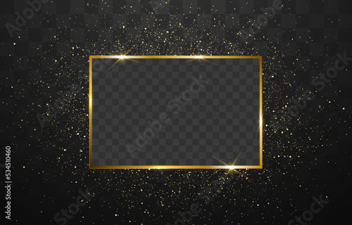 Glitter gold particles shine effect on png background. Vector gold frame around glitter particles. Stardust amber particles color on transparent background. Golden frame and explosion of confetti.