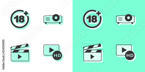 Set Hd movie, tape, frame, Plus 18, Movie clapper and Movie, film, media projector icon. Vector