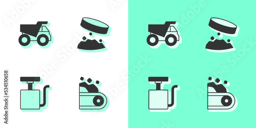 Set Conveyor belt carrying coal, Mining dump truck, Handle detonator and Giant magnet holding iron dust icon. Vector