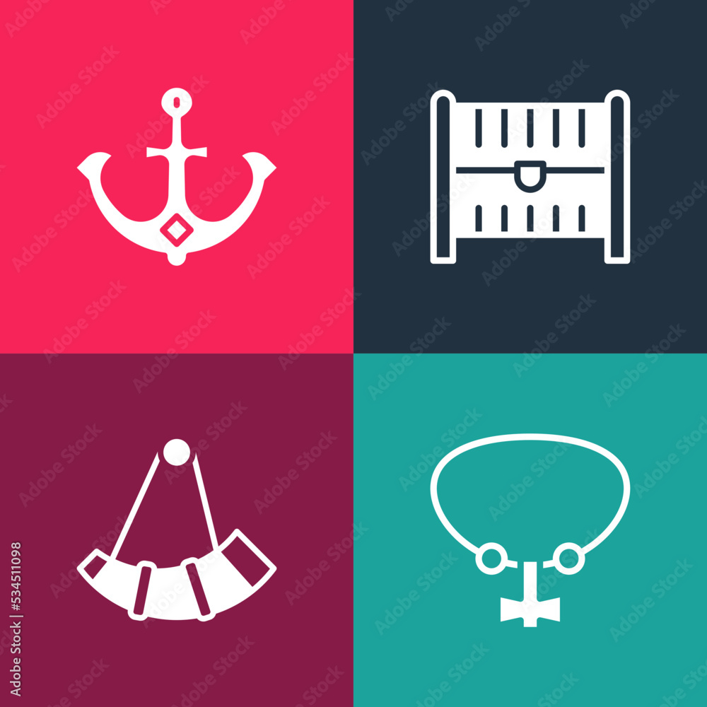 Set pop art Necklace with gem, Hunting horn, Antique treasure chest and Anchor icon. Vector Set pop art Necklace with gem, Hunting horn, Antique treasure chest and Anchor icon. Vector