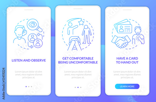 Communication tips for introverts blue gradient onboarding mobile app screen. Walkthrough 3 steps graphic instructions with linear concepts. UI, UX, GUI template. Myriad Pro-Bold, Regular fonts used