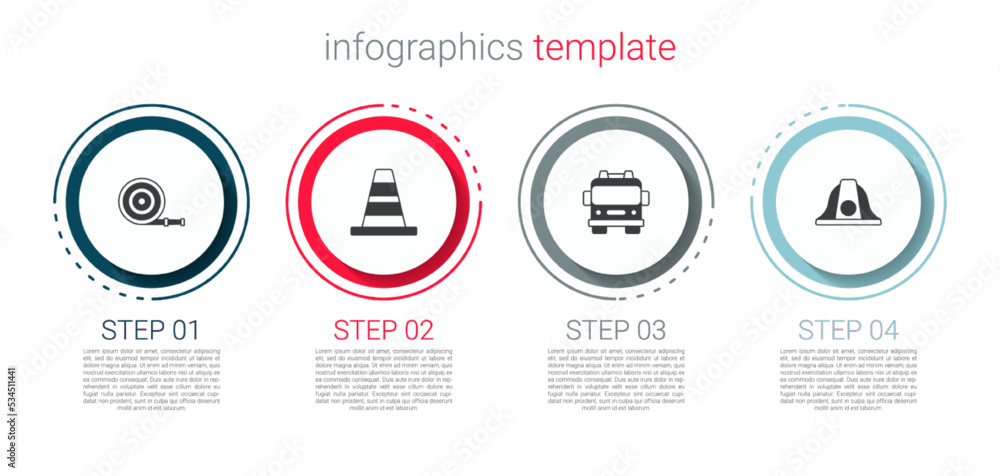 Set Fire hose reel, Traffic cone, truck and Firefighter helmet. Business infographic template. Vector Set Fire hose reel, Traffic cone, truck and Firefighter helmet. Business infographic template. Vector